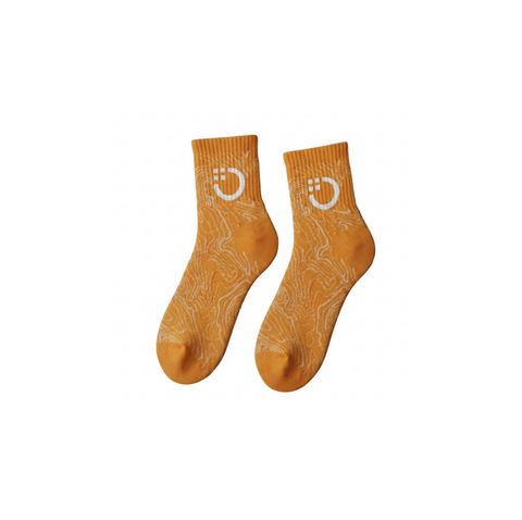 Custom quarter-length socks in orange with topographic pattern and logo on the cuff