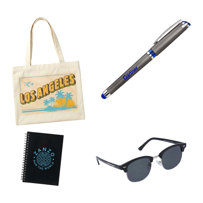 Kit composite: Conference Swag Bag. Zipper tote, gel pen, spiral notebook and Palmer sunglasses, all with your logo