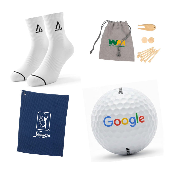 Kit composite: Golf Tournament Gift Kit. Golf socks, bamboo tee set, golf towel and TreoSoft 3 pack, all with your logo