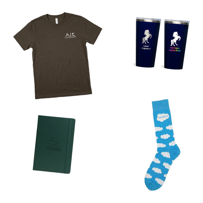Kit composite: New Hire Welcome Kit. Everyday tee, 16oz tumbler, A6 notebook and crew socks, all with your logo