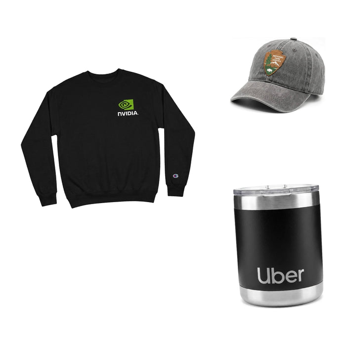 Kit composite: Employee Appreciation Gift Kit. Champion crewneck, dad hat and 10oz tumbler, all with your logo